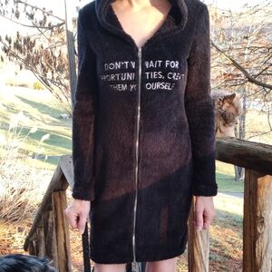 Women's Black Fluffy Hooded Dress